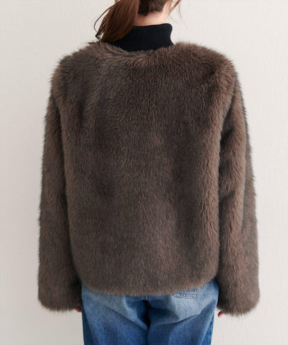 無領仿毛皮夾克