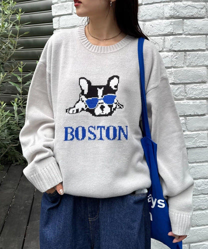 狗狗針織混合標誌提花毛衣