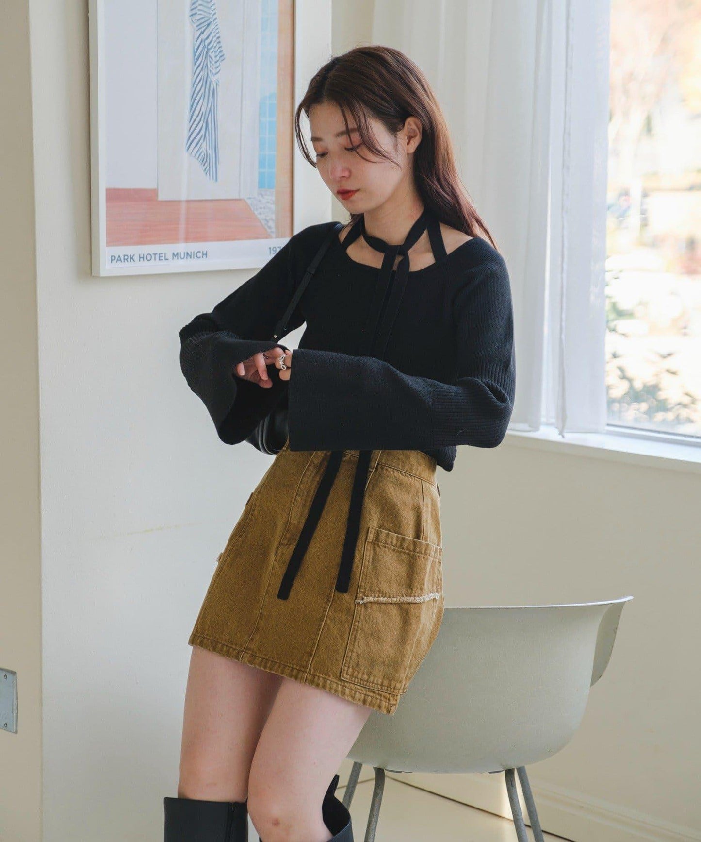 【・部分門店限定】蝴蝶結撞色羅紋針織衫
