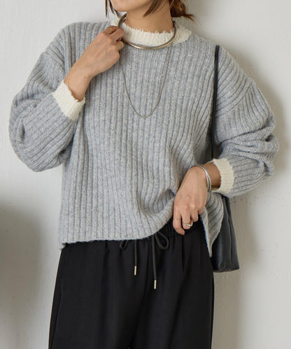 領口袖口拼色條紋亮絲針織衫