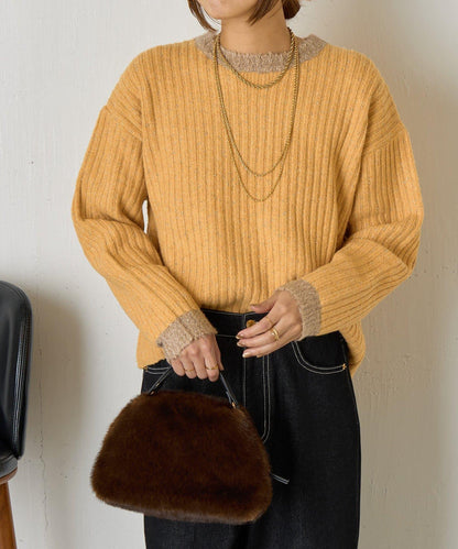 領口袖口拼色條紋亮絲針織衫