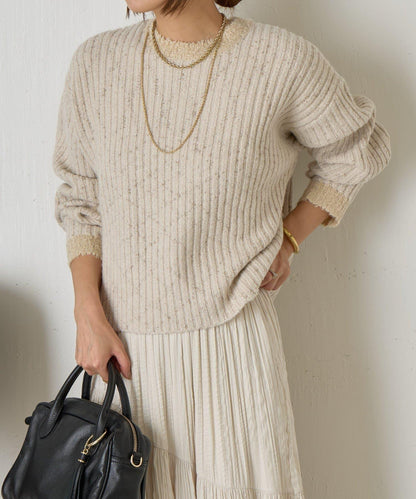 領口袖口拼色條紋亮絲針織衫