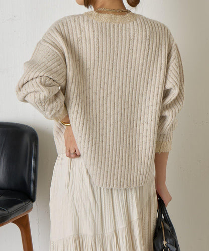 領口袖口拼色條紋亮絲針織衫