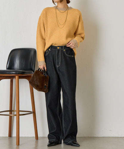 領口袖口拼色條紋亮絲針織衫