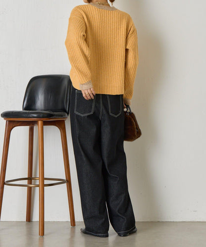 領口袖口拼色條紋亮絲針織衫