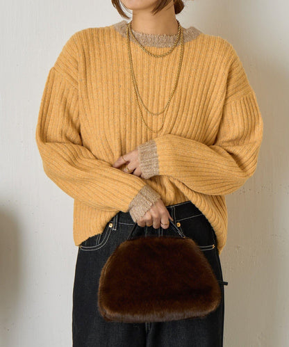 領口袖口拼色條紋亮絲針織衫