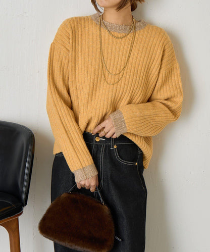 領口袖口拼色條紋亮絲針織衫