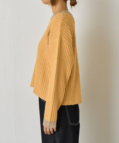 領口袖口拼色條紋亮絲針織衫