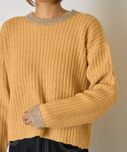 領口袖口拼色條紋亮絲針織衫