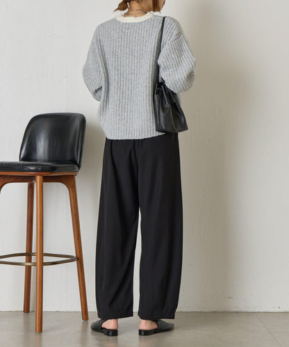 領口袖口拼色條紋亮絲針織衫