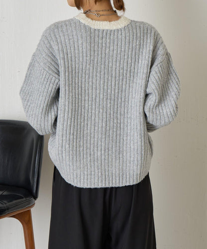 領口袖口拼色條紋亮絲針織衫