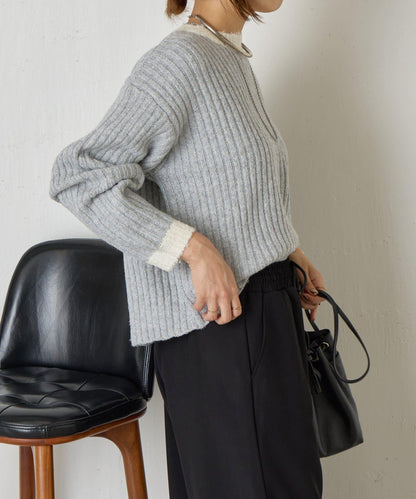 領口袖口拼色條紋亮絲針織衫