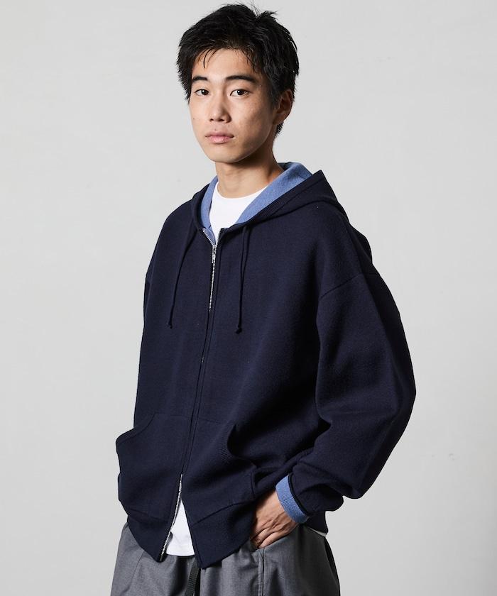 寬鬆版型雙層拉鍊針織連帽衫