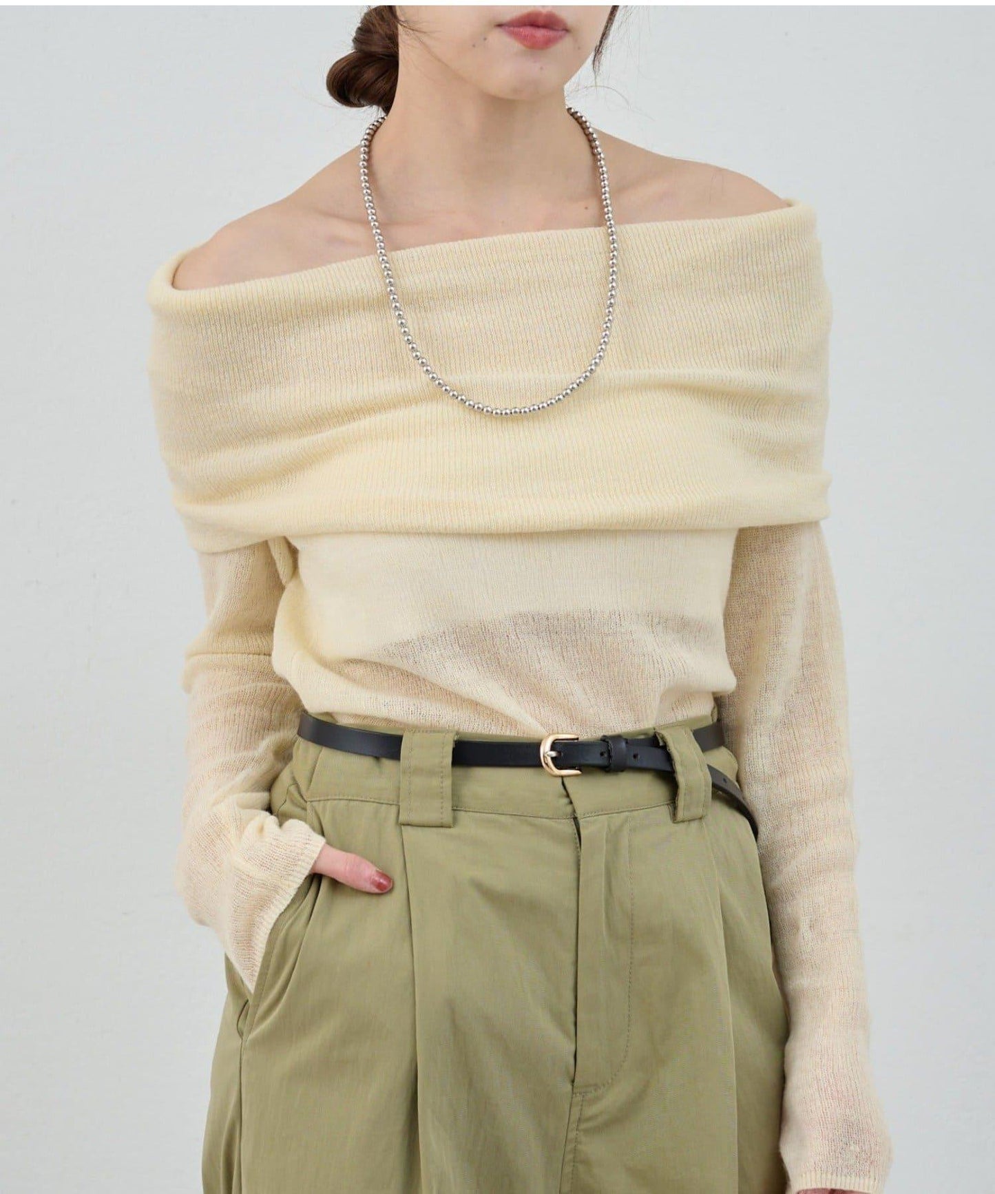 【SHENERY】透視一字肩針織衫