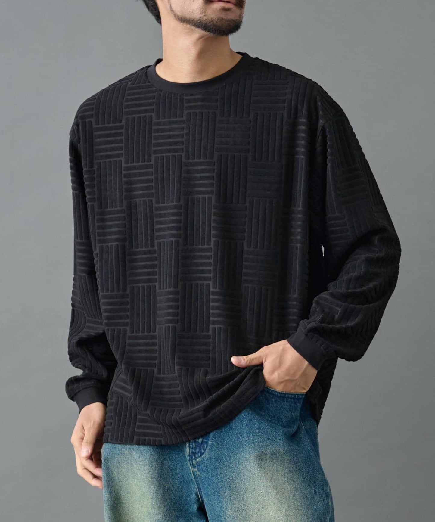 瓷磚紋抓絨長袖套頭衫