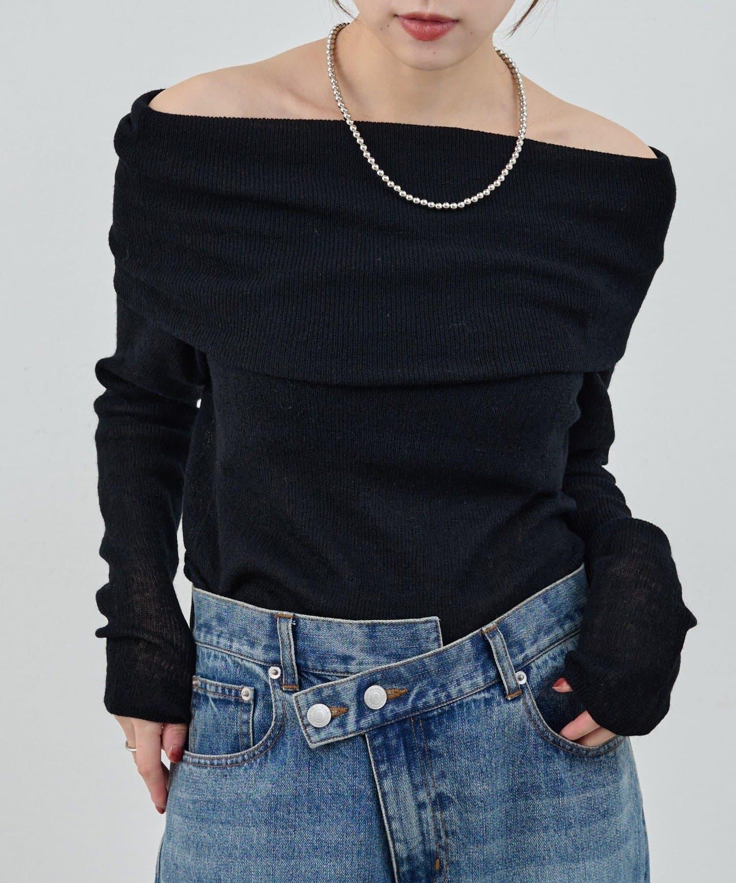 【SHENERY】透視一字肩針織衫