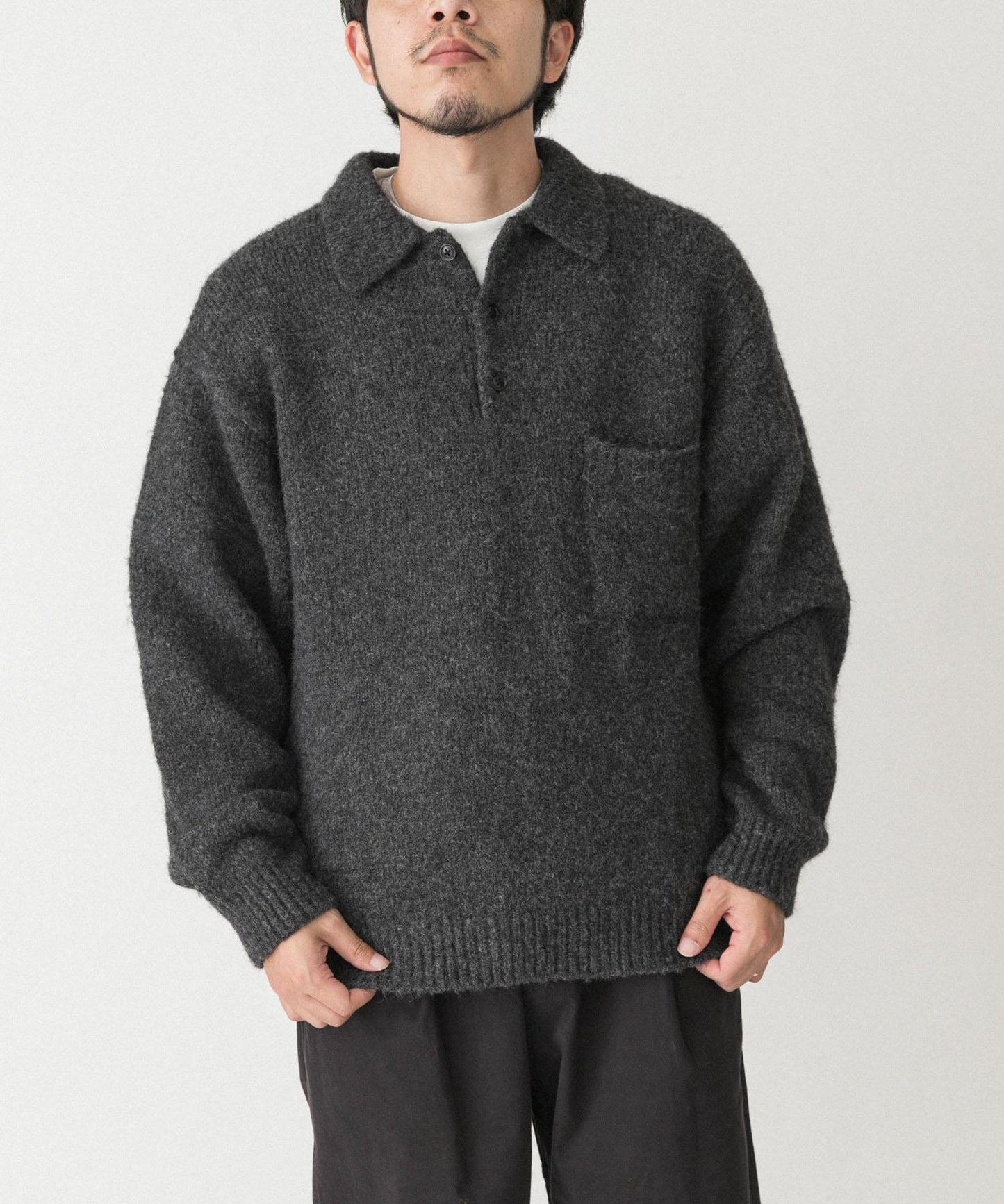 毛絨針織翻領套頭衫