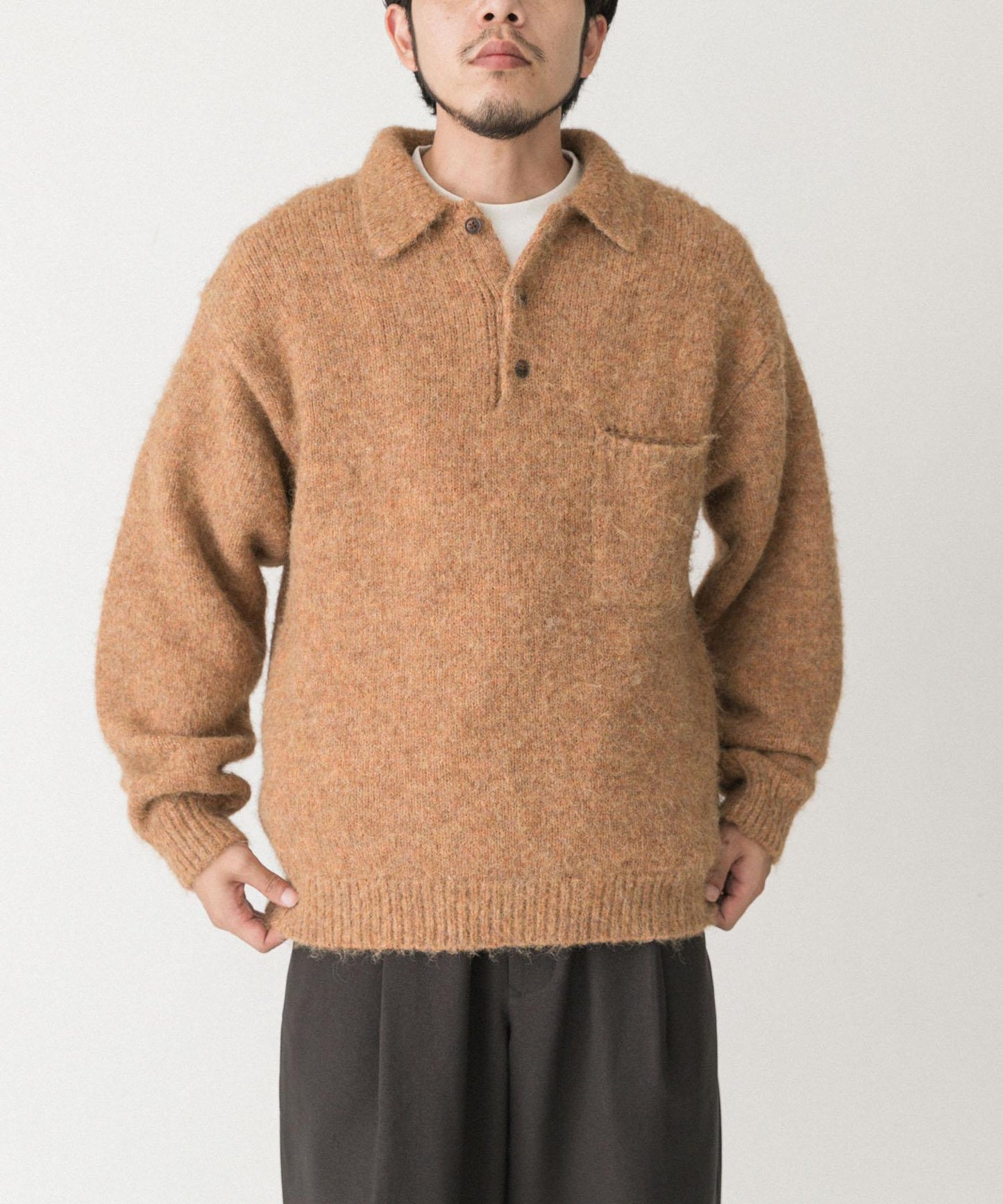 毛絨針織翻領套頭衫