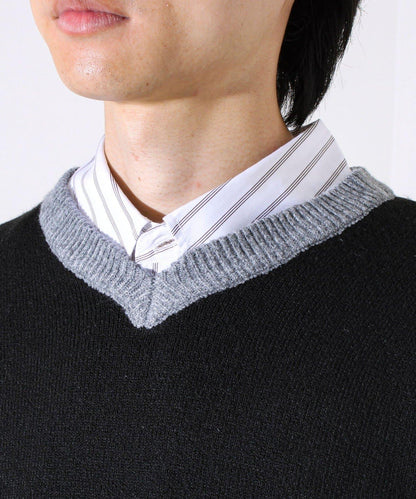 【配色羅紋點綴的優雅針織衫】GR刺繡 淺V領套頭針織衫