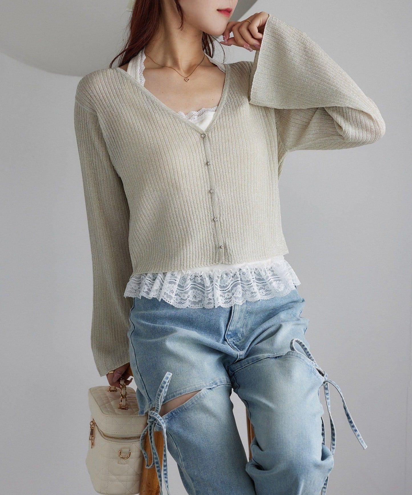 【one after another】珠飾紐扣亮絲透視開衫