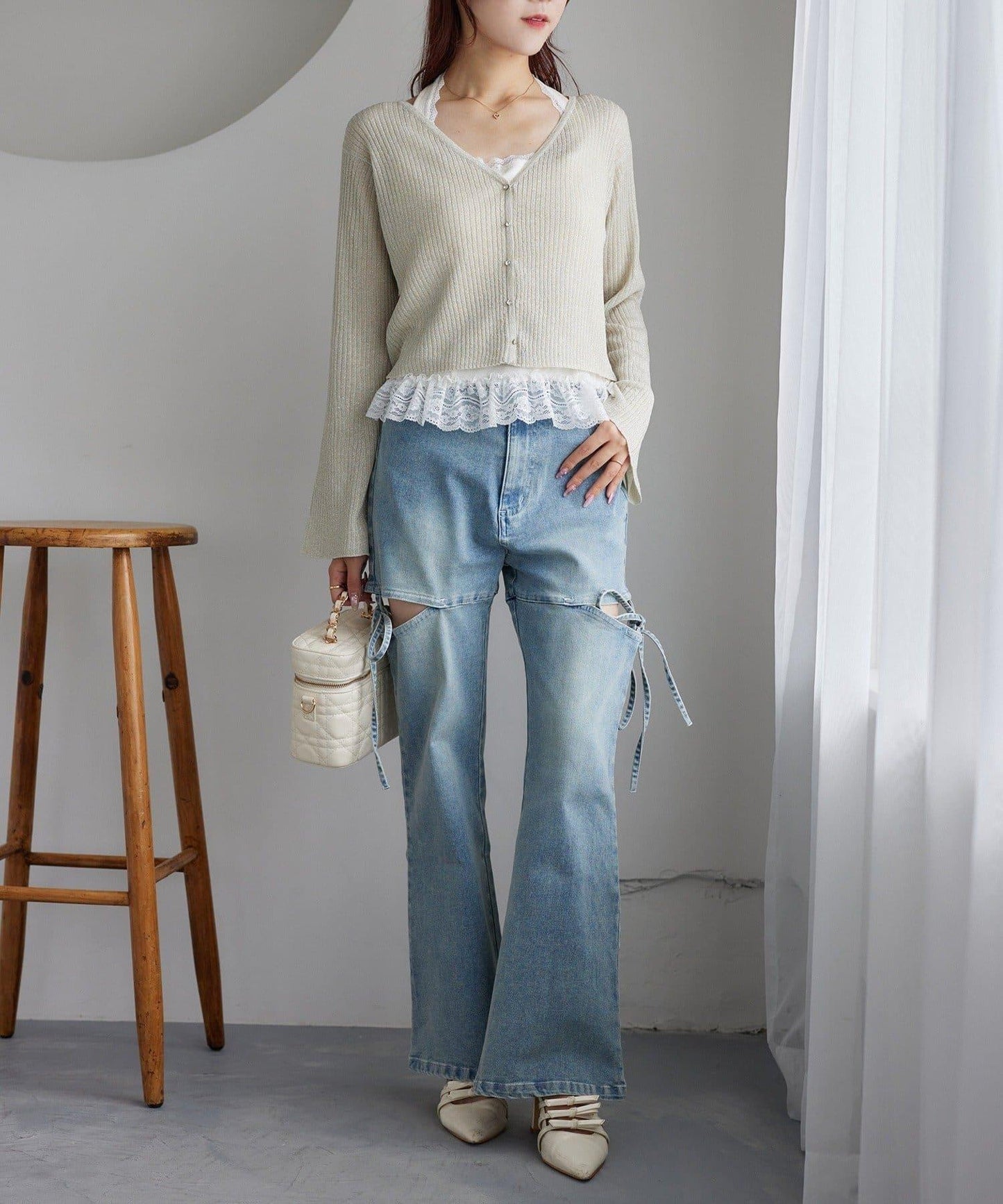 【one after another】珠飾紐扣亮絲透視開衫