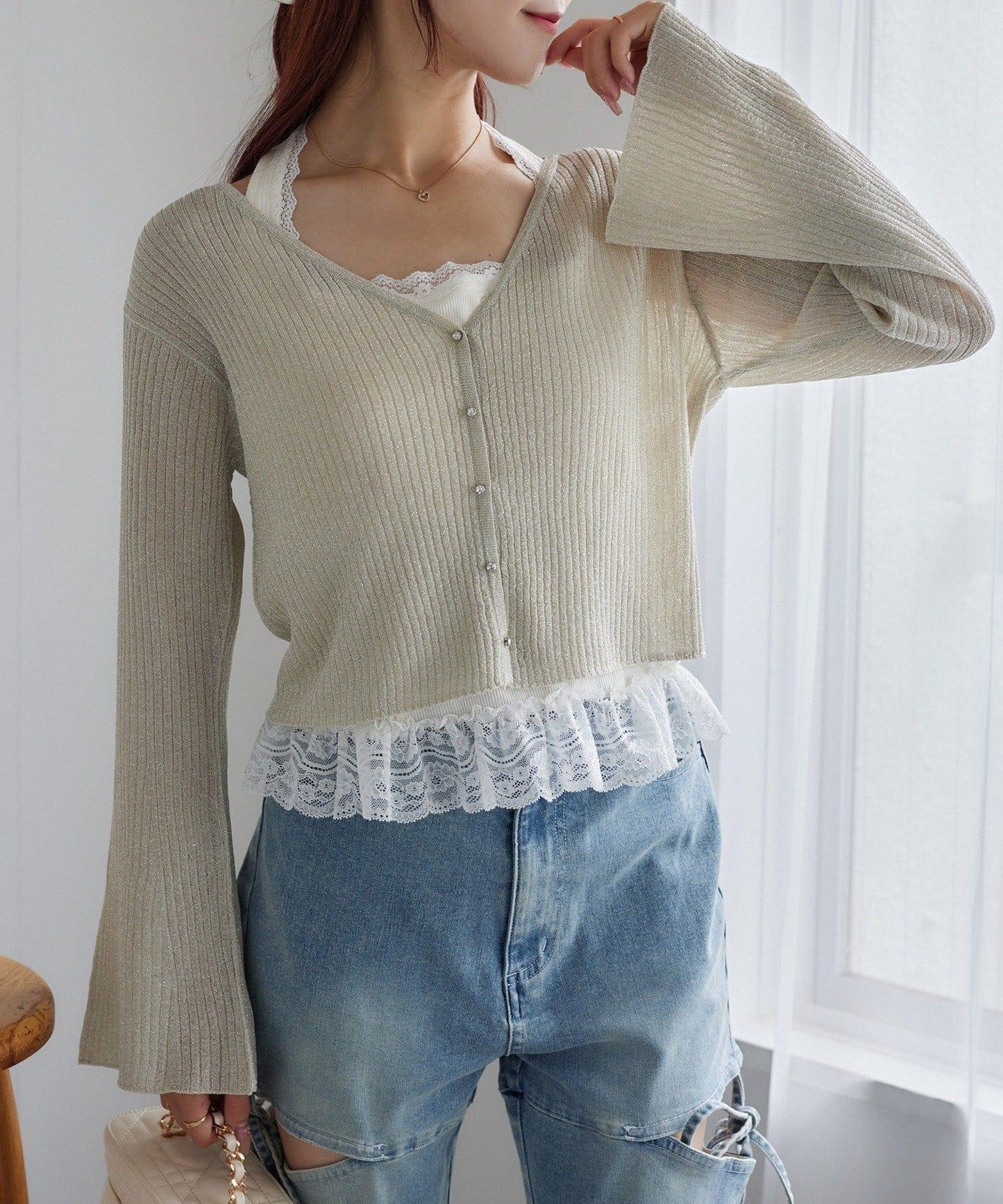 【one after another】珠飾紐扣亮絲透視開衫