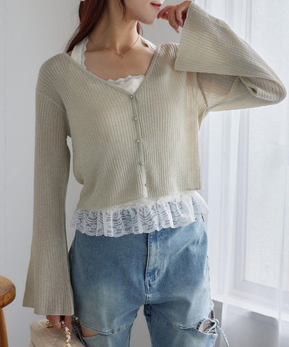 【one after another】珠飾紐扣亮絲透視開衫