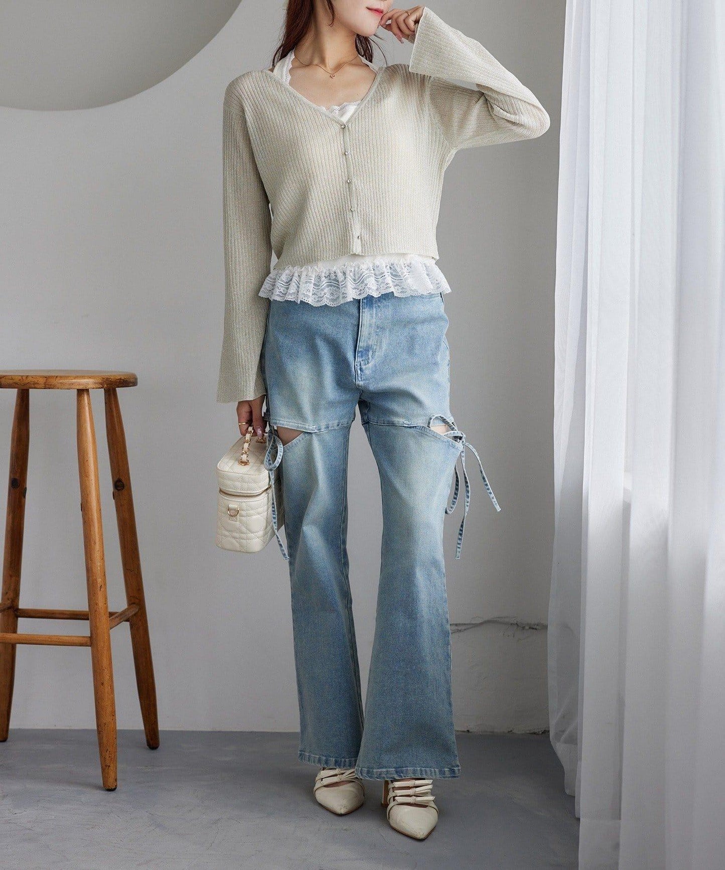 【one after another】珠飾紐扣亮絲透視開衫