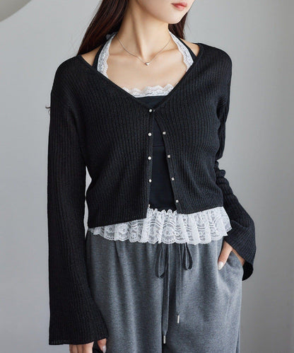 【one after another】珠飾紐扣亮絲透視開衫