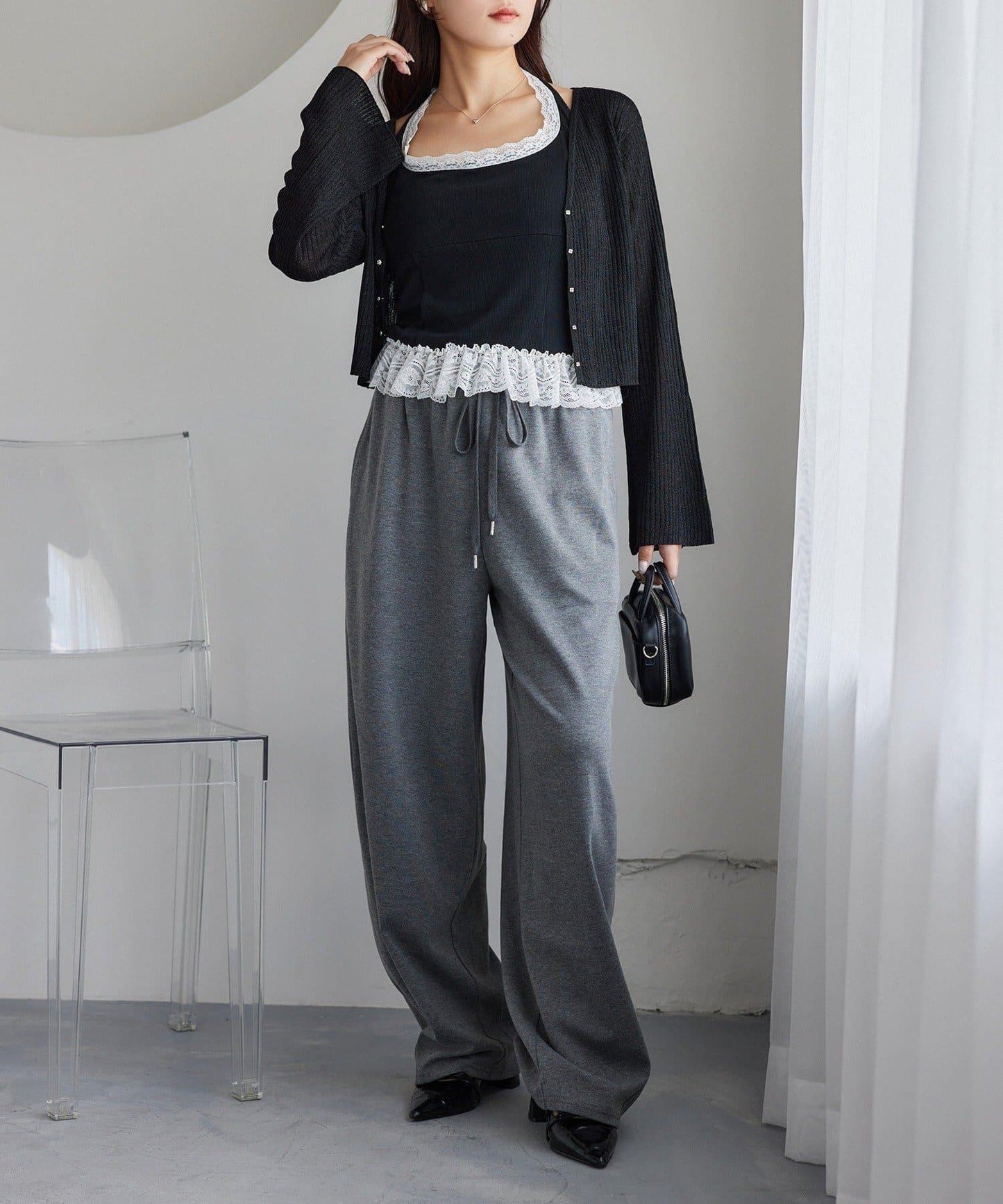 【one after another】珠飾紐扣亮絲透視開衫