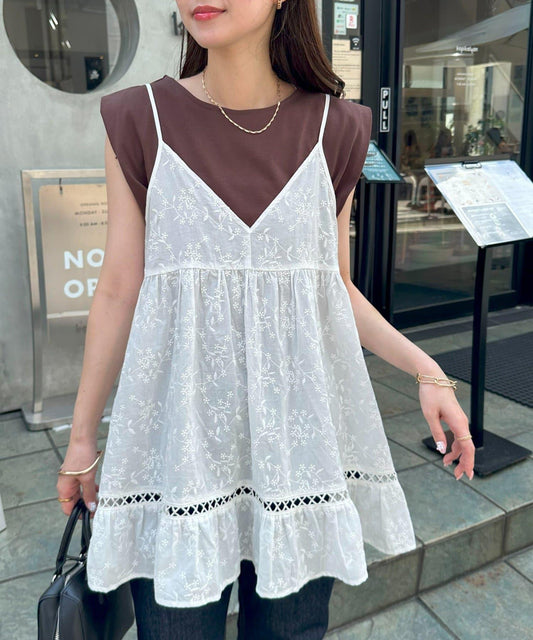 【Discoat】面料刺繡吊帶長款上衣