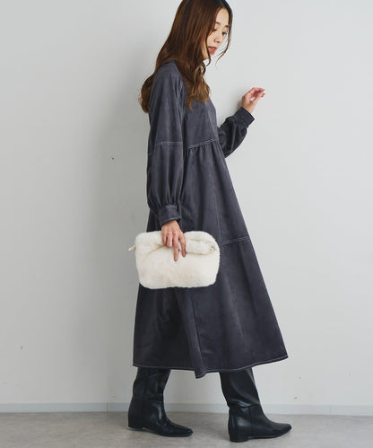 前後兩穿仿桃皮絨拼接連衣裙