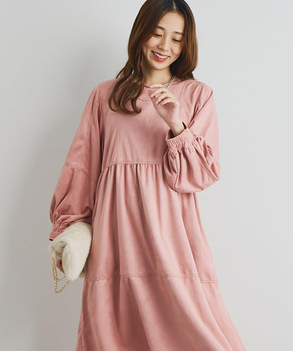 前後兩穿仿桃皮絨拼接連衣裙