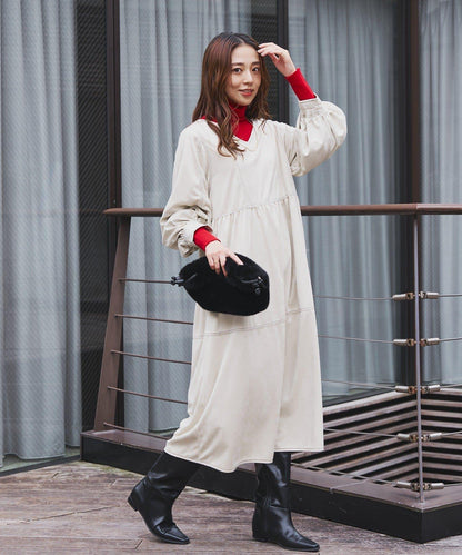 前後兩穿仿桃皮絨拼接連衣裙