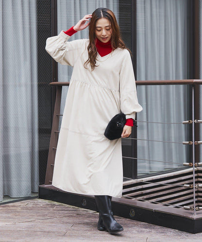 前後兩穿仿桃皮絨拼接連衣裙