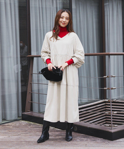 前後兩穿仿桃皮絨拼接連衣裙