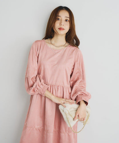 前後兩穿仿桃皮絨拼接連衣裙