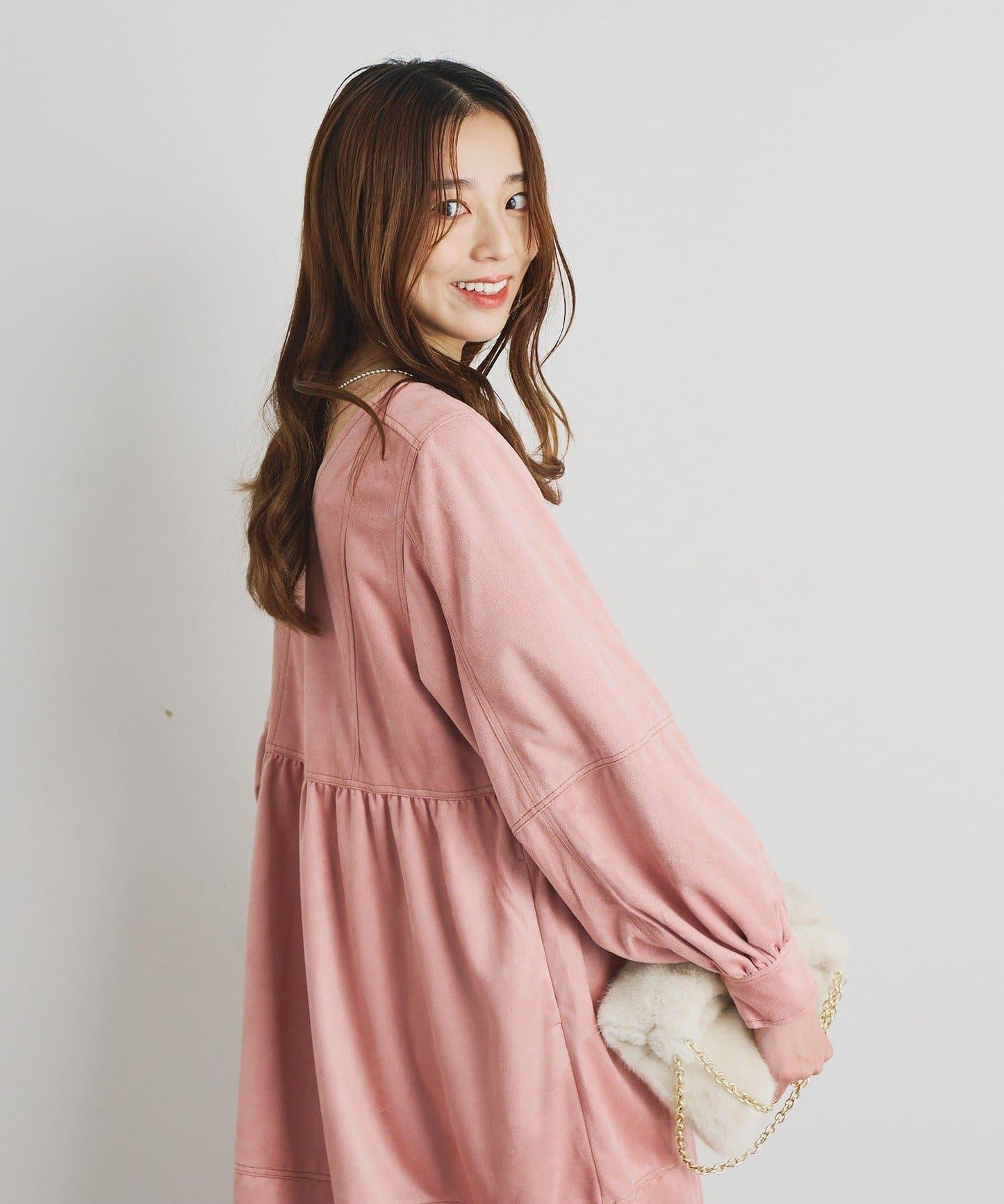 前後兩穿仿桃皮絨拼接連衣裙