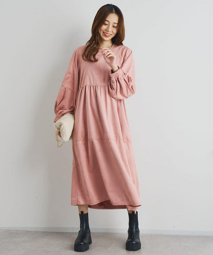 前後兩穿仿桃皮絨拼接連衣裙