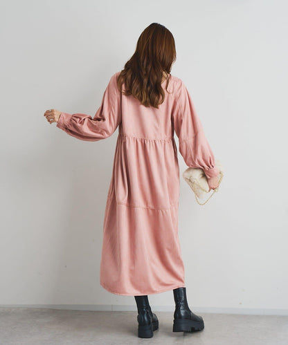 前後兩穿仿桃皮絨拼接連衣裙