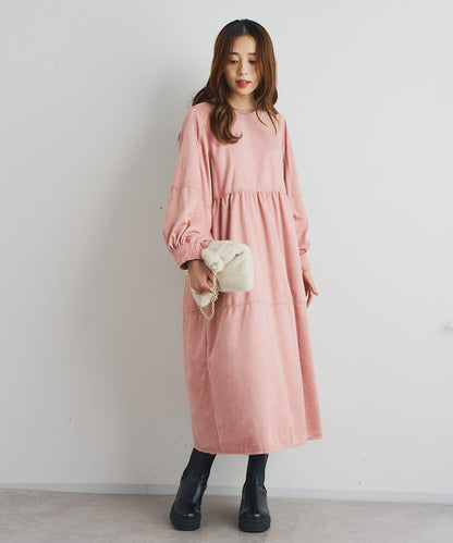 前後兩穿仿桃皮絨拼接連衣裙
