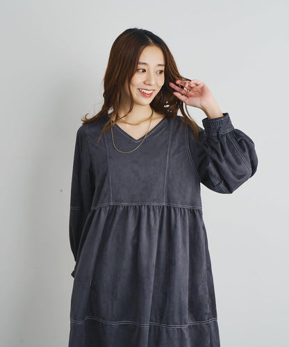 前後兩穿仿桃皮絨拼接連衣裙