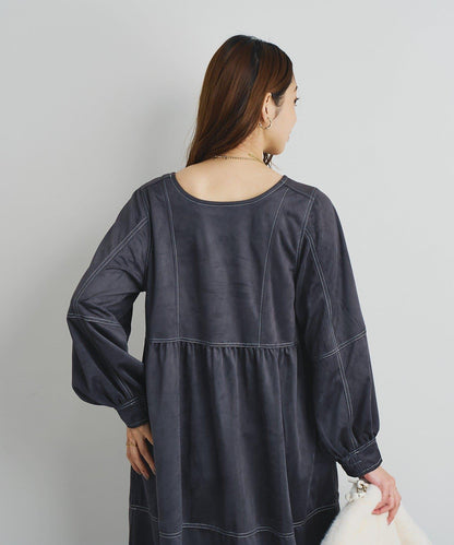 前後兩穿仿桃皮絨拼接連衣裙