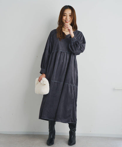 前後兩穿仿桃皮絨拼接連衣裙