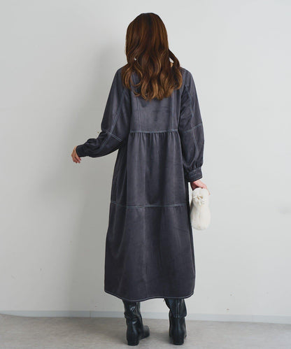 前後兩穿仿桃皮絨拼接連衣裙