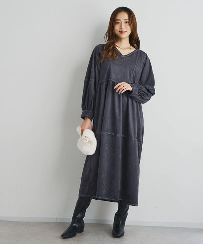 前後兩穿仿桃皮絨拼接連衣裙