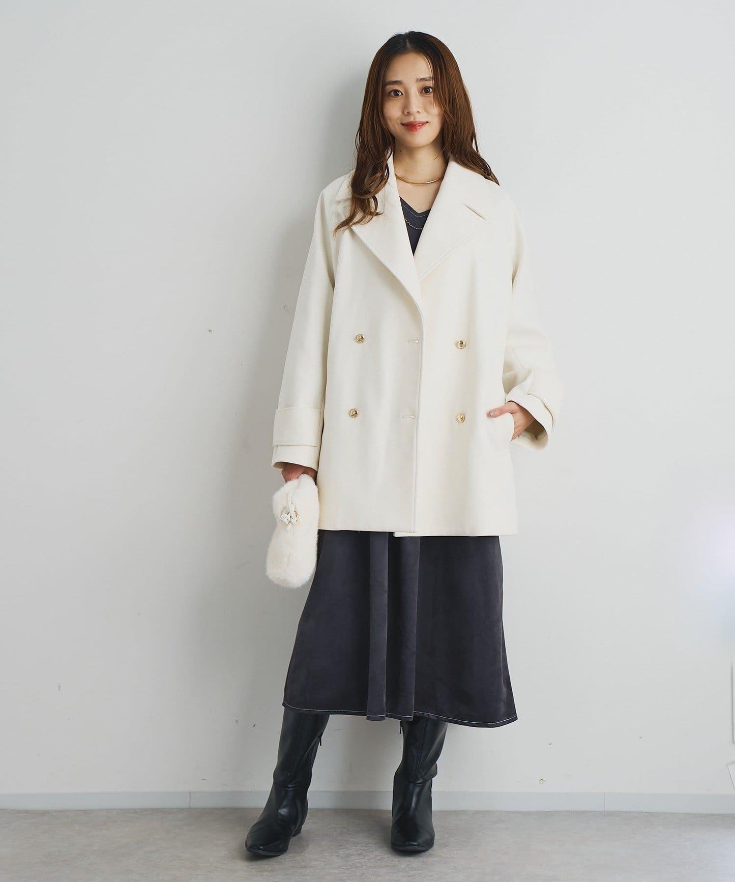 前後兩穿仿桃皮絨拼接連衣裙