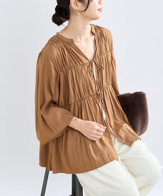 【2WAY款式】抽繩褶皺斜紋襯衫