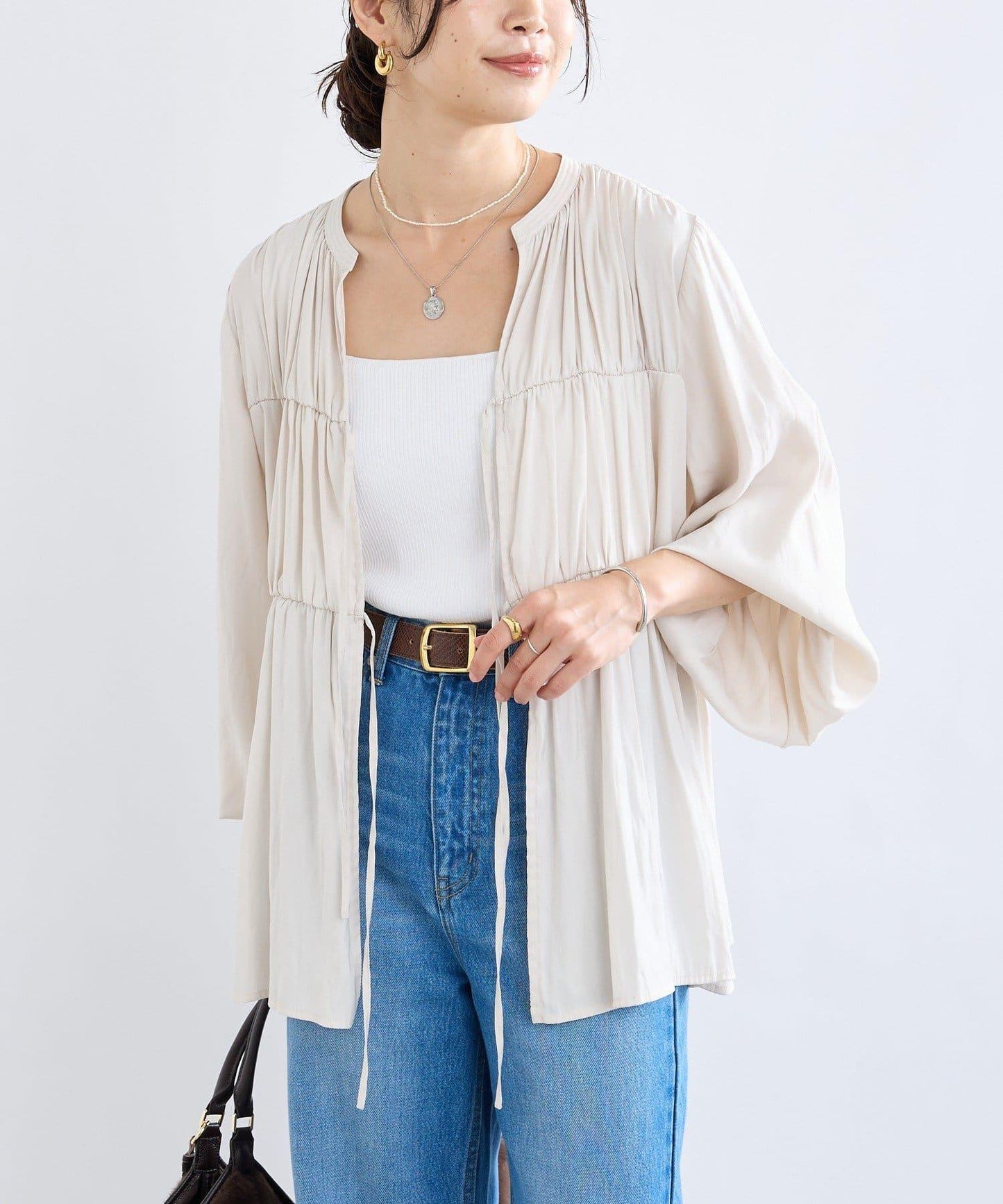 【2WAY款式】抽繩褶皺斜紋襯衫