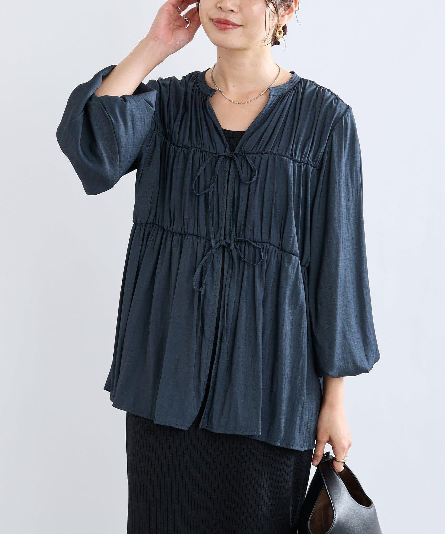 【2WAY款式】抽繩褶皺斜紋襯衫